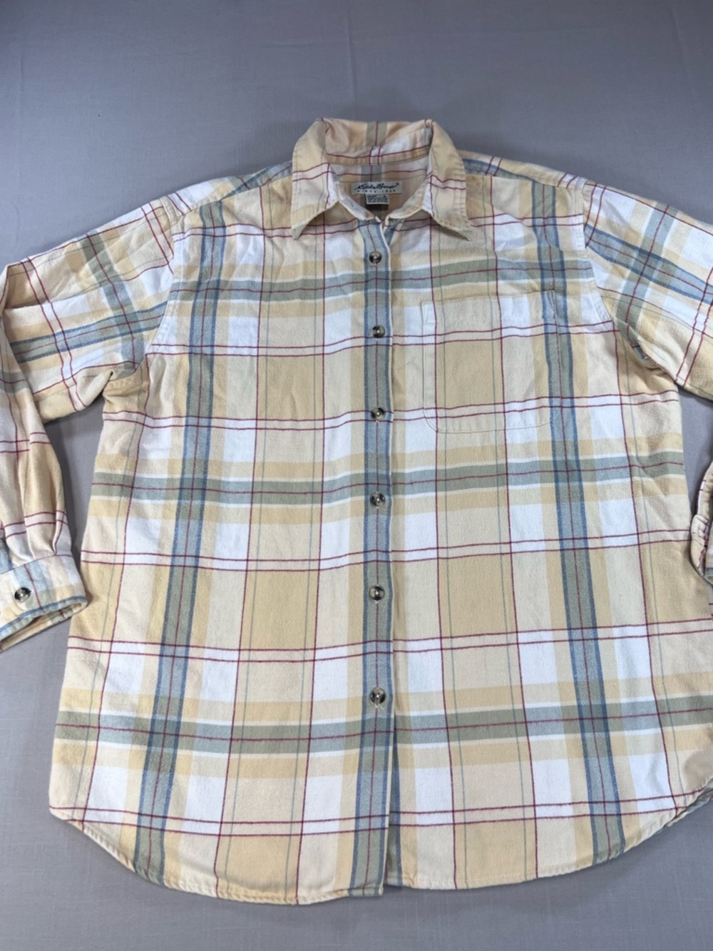 Eddie Bauer Women’s Yellow Plaid Flannel Button Down Shirt Oversized Cozy Cotton